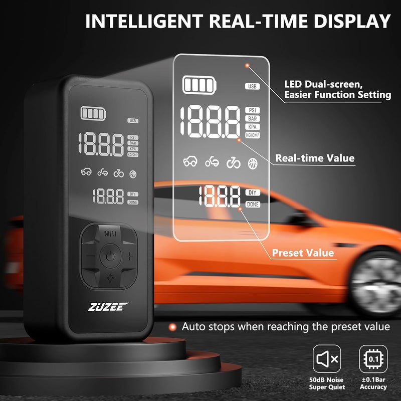 ZUZEE ضاغط هواء محمول لتضخيم الإطارات - تضخيم أسرع 4 مرات، مضخة هواء 150PSI لإطارات السيارات مع مقياس ضغط رقمي/ضوء LED، ضاغط هواء محمول للسيارة، الدراجة النارية، الدراجة، الكرة، إلخ (أسود) - Image 5